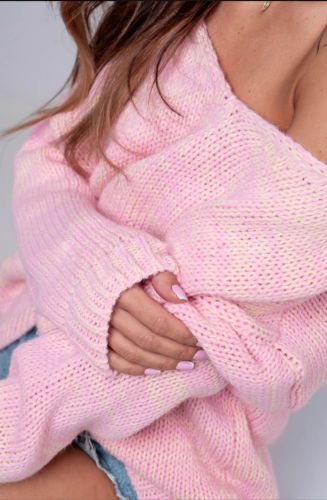 Sweter V-classic melanż róż cytryna