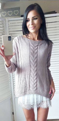 Sweter z warkoczem mokka/fango